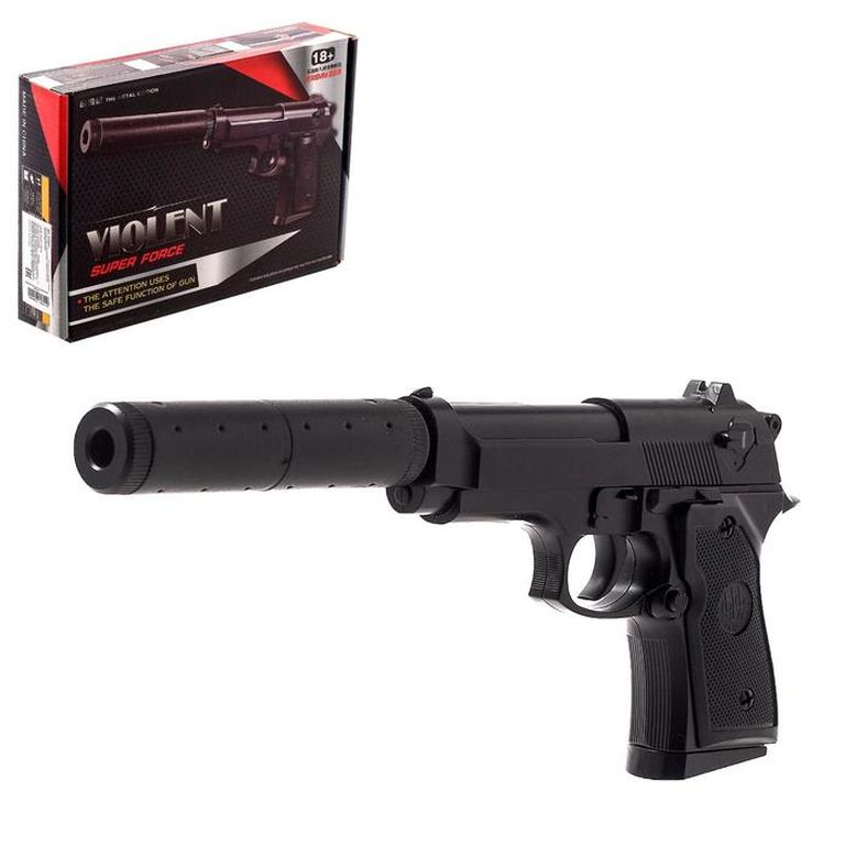 Пистолет игрушечный металлический Beretta с глушителем Violent Super Force, в коробке 21х4,5х14см V1+