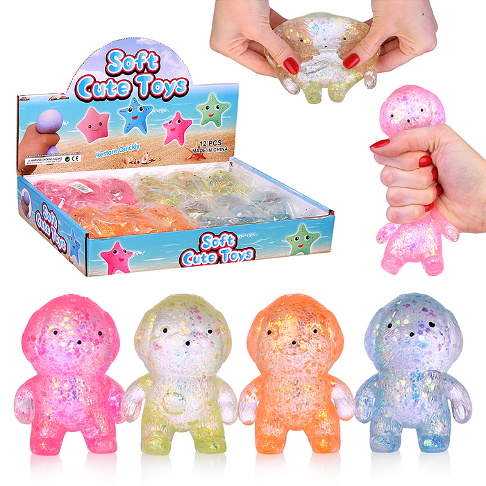 Игрушка-антистресс Дружок, прозрачный с блестками, 12 штук в упаковке 9х5х5 см 00-5375