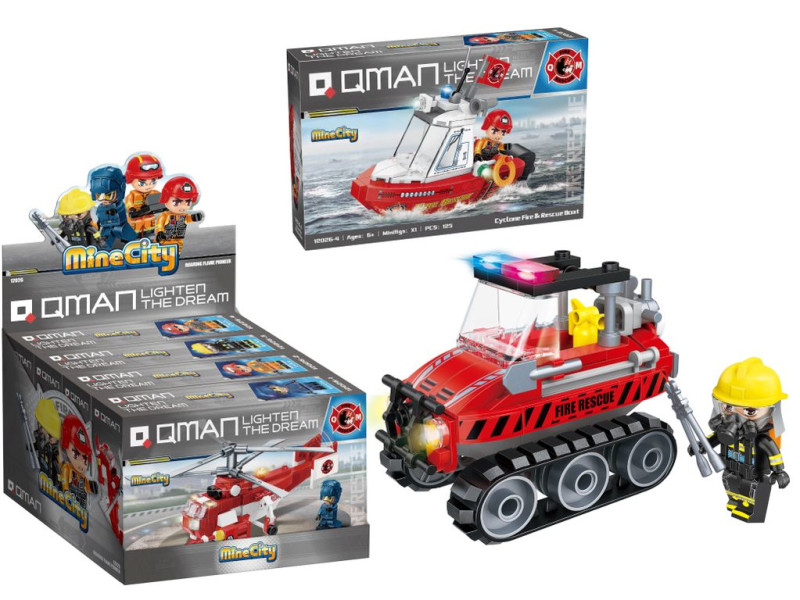 Конструктор брик QMAN Пожарная техника, 4 штуки в шоубоксе 22х14х18 см 152939