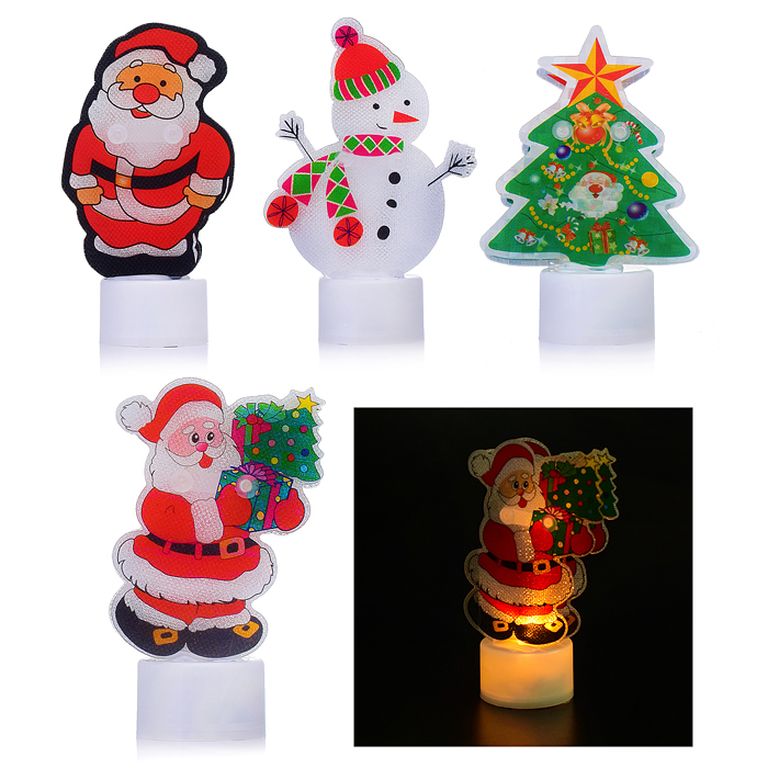 Новогодняя фигурка светящаяся 10см Дедушка, снеговик, елка, в пакете 13х3х10 см S1675