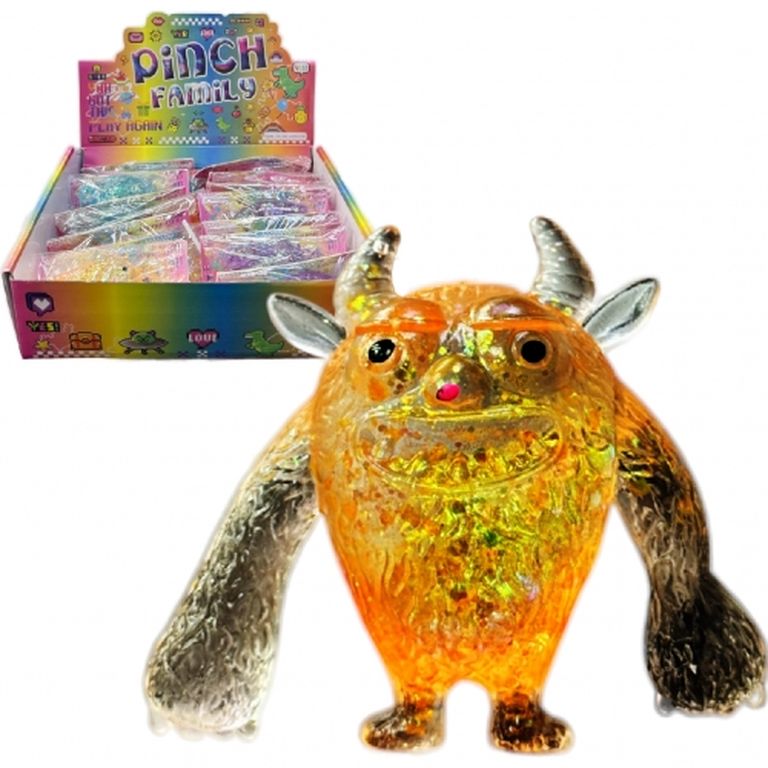 Антистресс-мялка Монстрик с рожками 9 см., с блестками, в пакете, 16 штук в упак. 28х20х8 см 1359