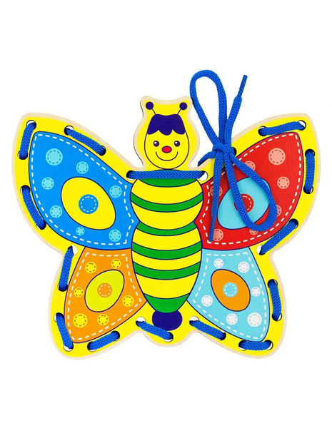 Игрушка развивающая шнуровка в виде насекомого-бабочка деревянная, в ассортименте, в коробке 27,5х5х24,5см K17550