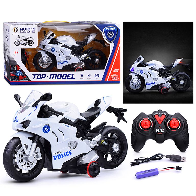 Мотоцикл полиция на радиоуправлении 1:20, свет, звук, эффект дыма 44х24х15 см 565-R11