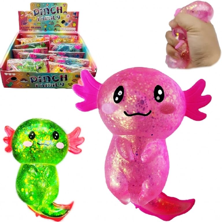 Антистресс-мялка Аксолотль, с блесткаи 10 см., в пакете 16 штук в упаковке 7х20х25 см 1354