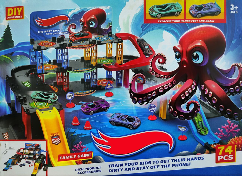 Парковка многоуровневая ХВ с треком Осьминожек, 3 машинки в комплекте, в коробке 49x10х36см 876-16