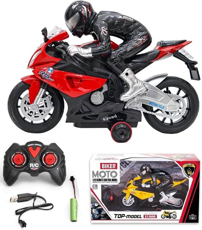 Мотоцикл с гонщиком, на радиоуправлении 1:20, свет, звук, разворот на 360 гр. 40х23х14 см 565-R2