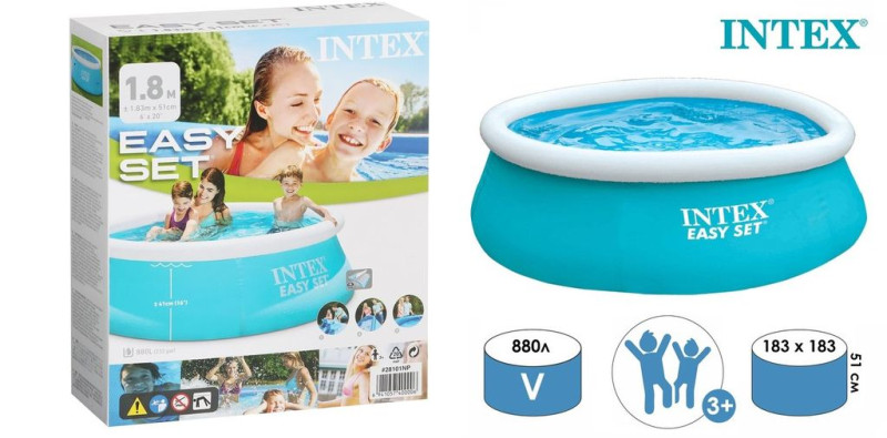 INTEX Бассейн надувной Easy Set, 183х51 см, 886 литров, в коробке 11х30х36см 28101NP